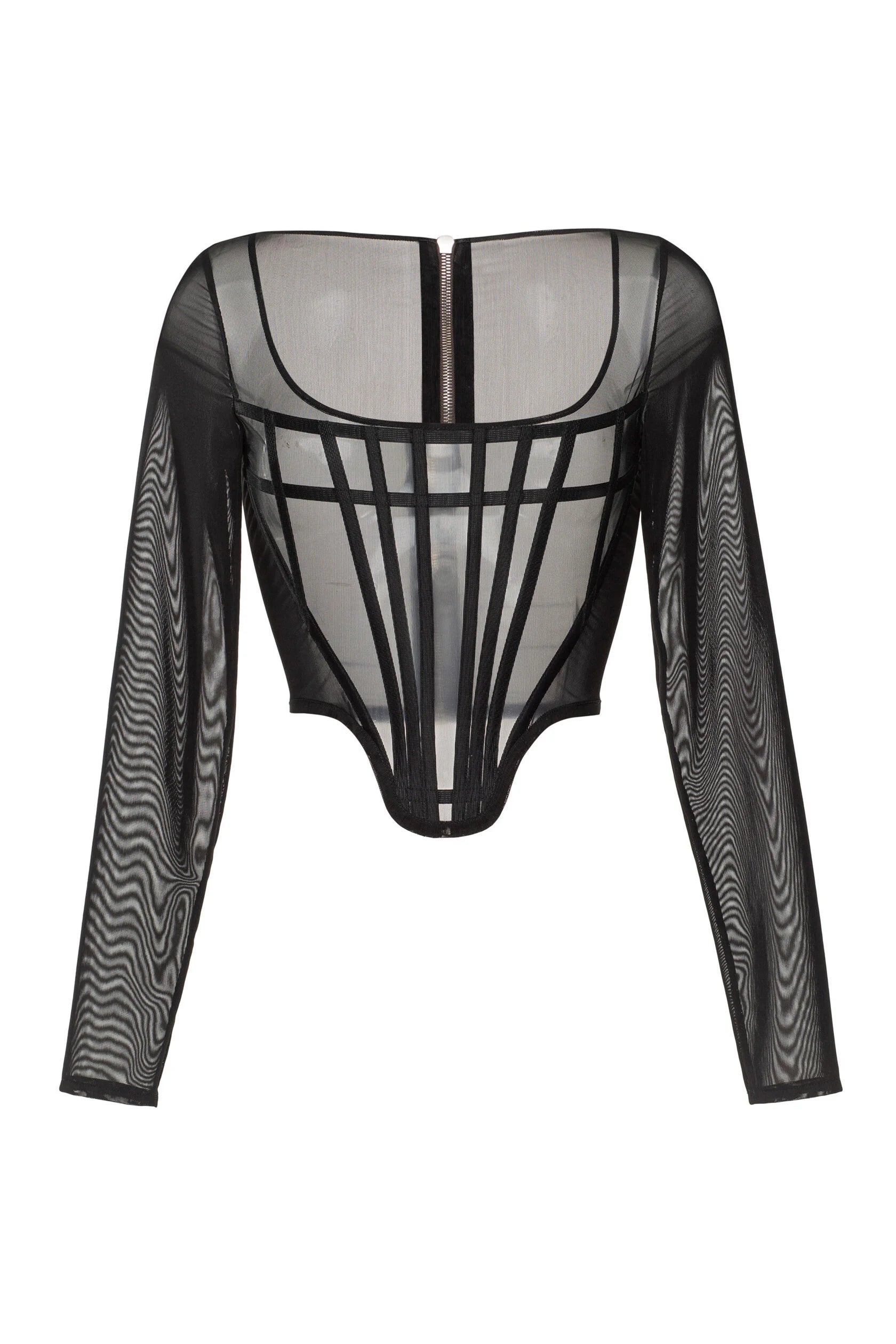 Corset T-shirt made of mesh with straight sleeves with an opaque insert on the chest with laces.