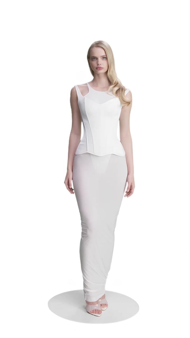 corset with straps and satin skirt